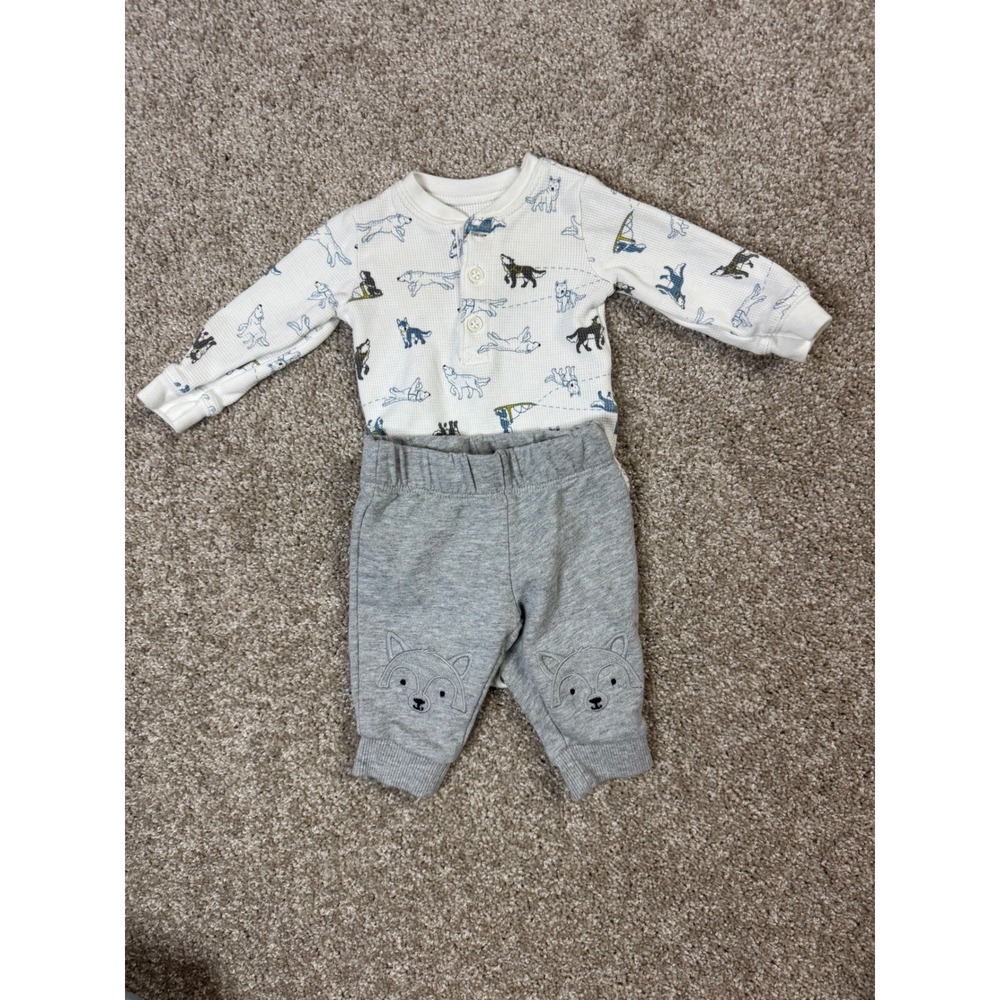 Carters Baby Boy 3M Husky Sled Dog Bodysuit and Wolf Knee Pants Set 2PC